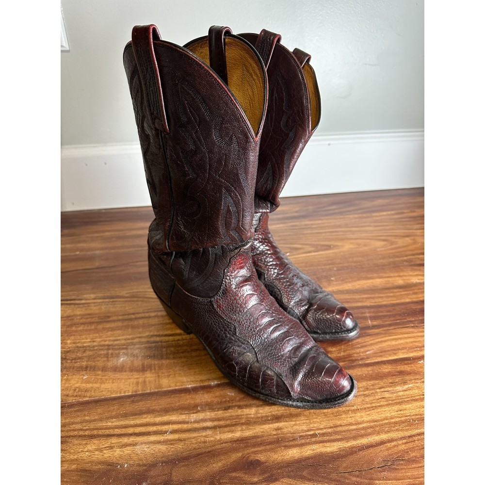 Lucchese 1883 Exotic Burnished Ostrich Leg Black Cherry Rare Size 8.5 2E